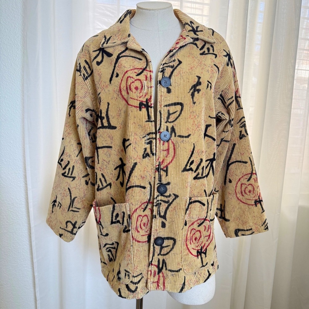 Chicos Vintage Corduroy Asian Calligraphy Print Barn Jacket Size small